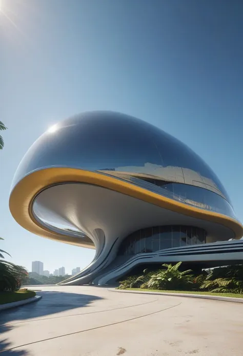 a close up of a building with a curved roof and a curved walkway