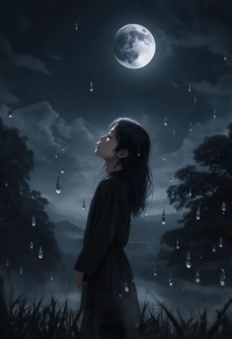 a woman standing in the rain looking up at the moon