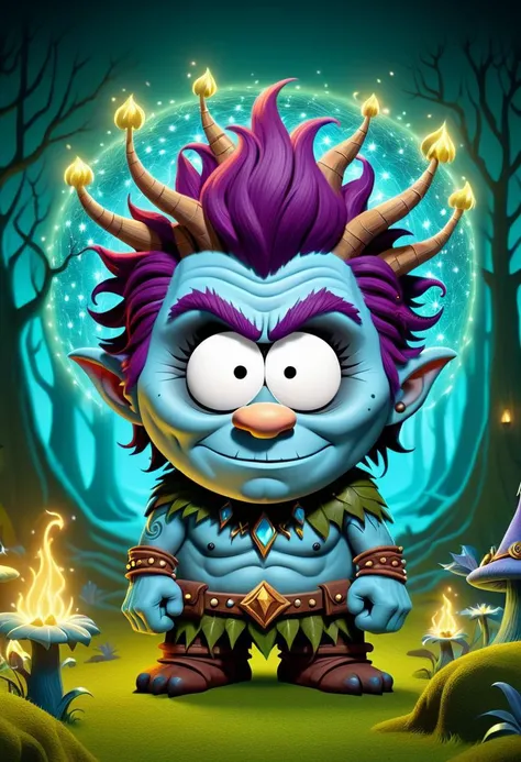 a cartoon troll with purple hair and purple hair standing in front of a forest