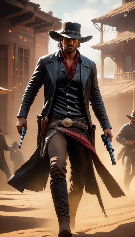 a man in a cowboy hat and trench coat holding two pistols