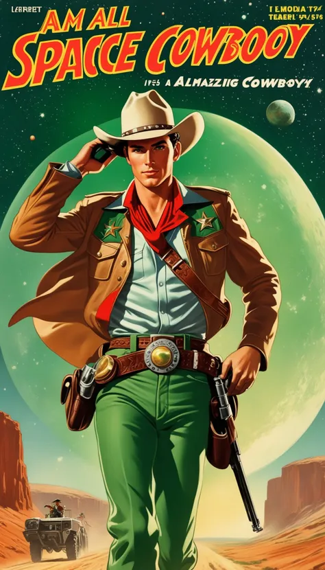 a man in a cowboy outfit holding a gun and standing in front of a desert