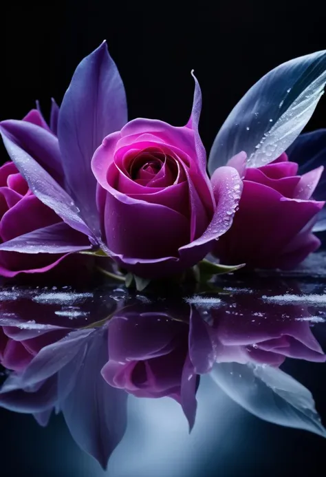 purple rose with water droplets on the surface of a pool