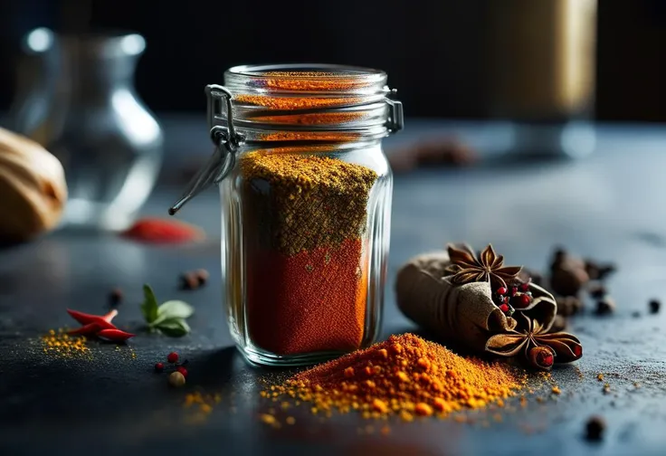 there is a jar of spices on a table with spices