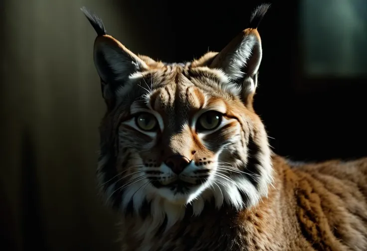 a close up of a lynx staring at the camera with a dark background