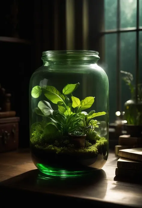 there is a glass jar with a plant inside of it