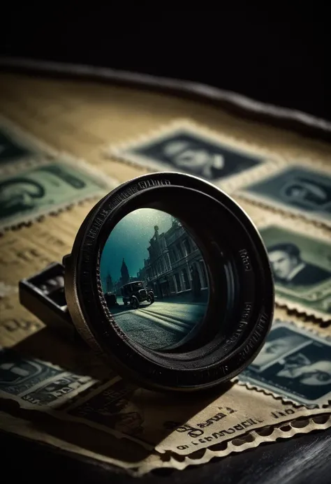 a close up of a camera lens on a table with stamps