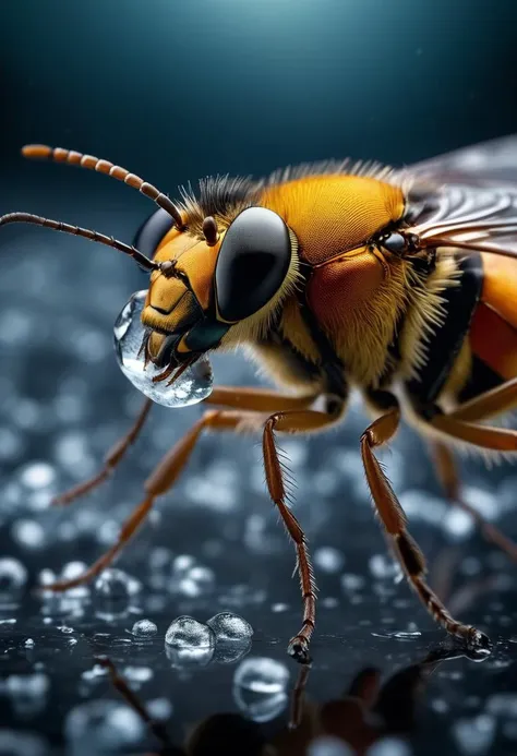 a close up of a bee with a water drop on its face