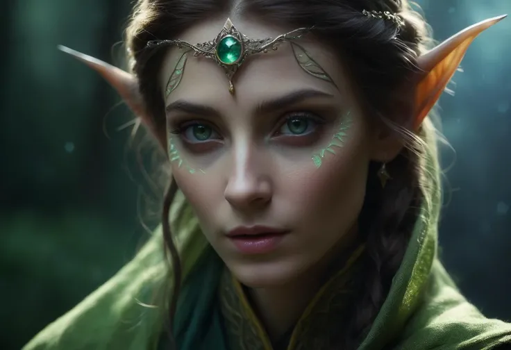 a woman with green eyes and a green cape is looking at the camera