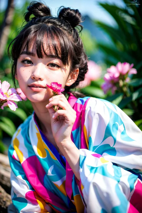 arafed asian woman in a kimono with a flower in her hand