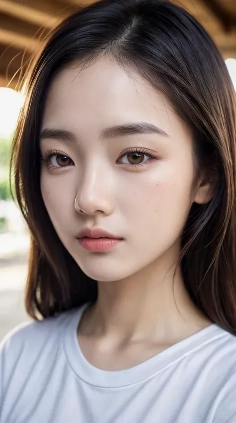 SD, amature photo, video taken by iphone, face close-up, slender, finely detailed face, shy, beautiful details eyes, 19years old korean, pretty, (best quality real texture skin:1.4),
t-shirts, wind,