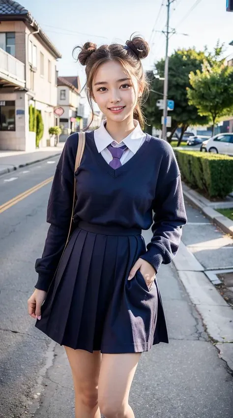 a close up of a woman in a school uniform posing for a picture