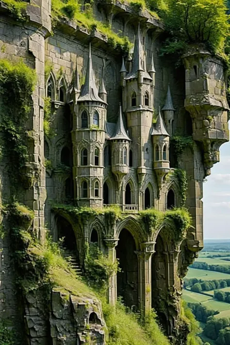 there is a castle built on the side of a cliff