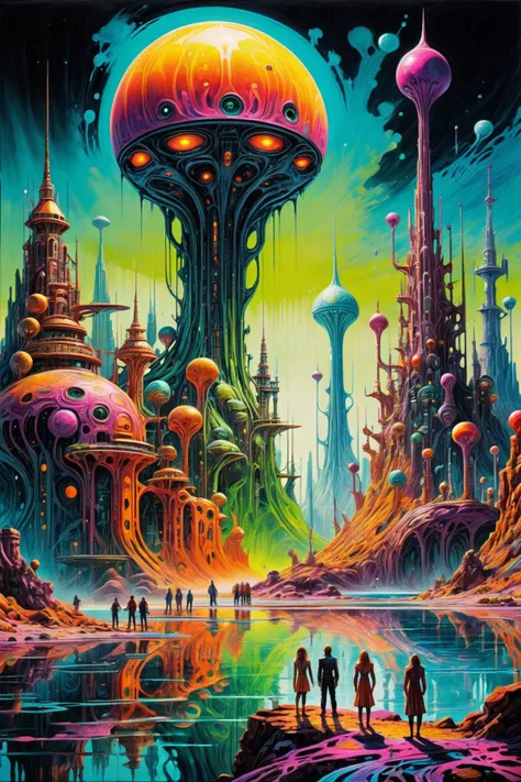 a painting of a futuristic city with people standing in front of it