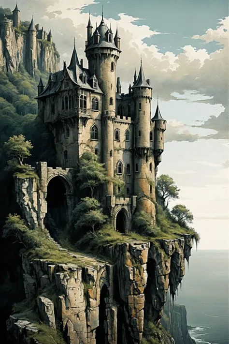 a close up of a castle on a cliff with a sky background