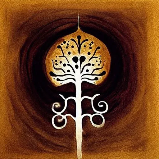 painting of a tree with a white and black design on it