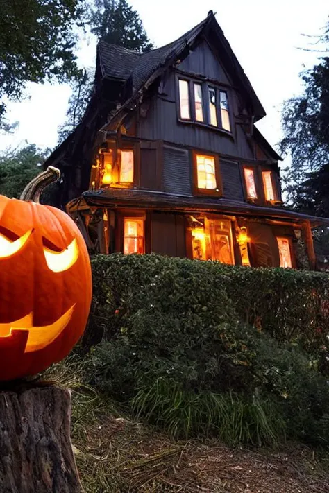 arafed pumpkin sitting on a stump in front of a house