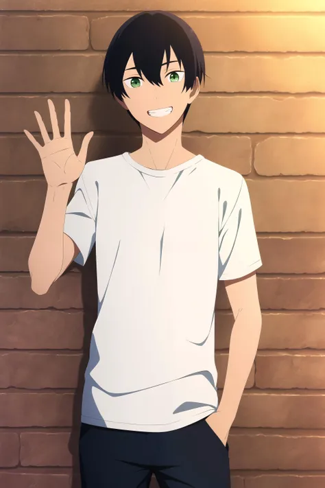 masterpiece, , best quality, tsuneo_suzukawa 1boy, male focus, standing, looking at viewer, upper body, hand in pocket, hand up, waving, against wall, brick wall, black hair, green eyes, grin, white t-shirt, black pants,