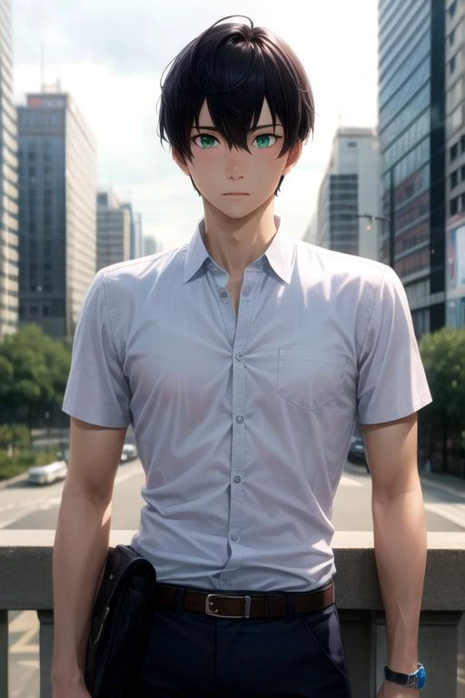 masterpiece, best quality, wallpaper, 1boy, solo, male focus, looking at viewer, upper body, , , realistic, <lora:tsuneo_suzukawa:0.66>, tsuneo_suzukawa, black hair, green eyes, , caps, The City of Glas,