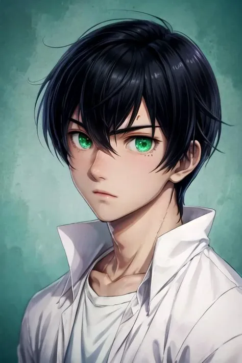 a man with green eyes and black hair wearing a white shirt