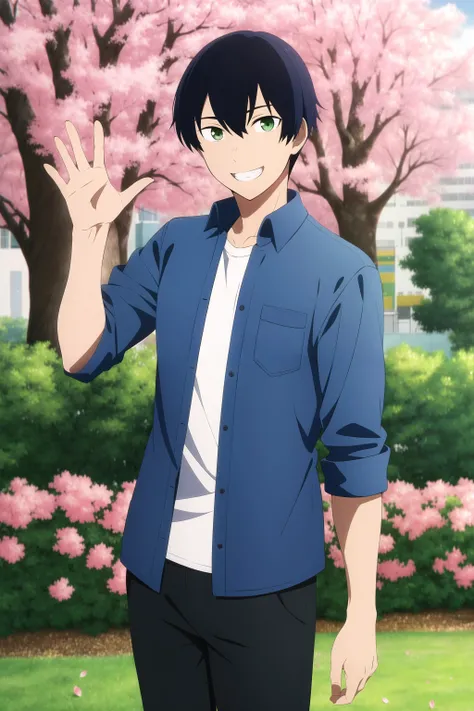 masterpiece, best quality, tsuneo_suzukawa 1boy, park, tree, flower, male focus, cowboy shot, standing, hand up, (waving), looking at viewer, arms at sides, black hair, green eyes, happy, grin, (casual, layered clothes, blue collared shirt, ((open shirt)),...