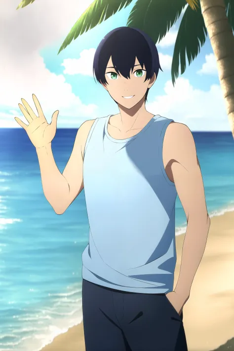 masterpiece, best quality, tsuneo_suzukawa 1boy, beach, palm tree, male focus, cowboy shot, standing, hand in pocket, hand up, waving, looking at viewer, black hair, green eyes, smile, blue tank top, short pants,