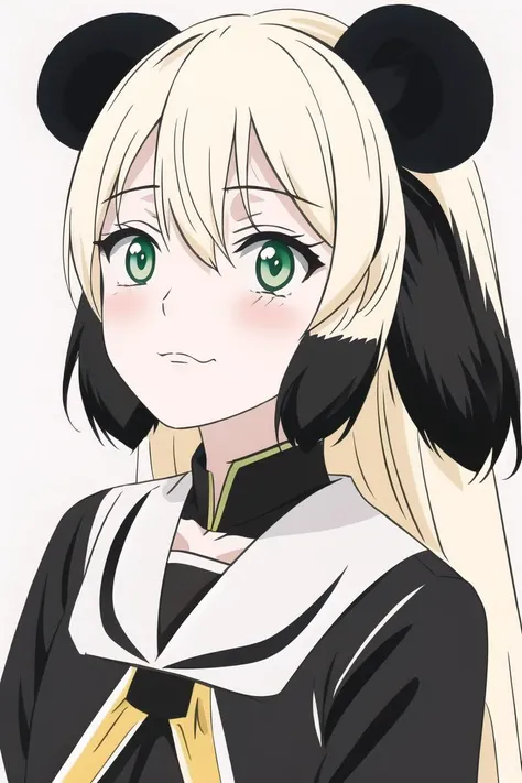 <lora:MeiMei_v10:0.6> mei-mei, black animal ears, blonde, panda-girl, green eyes
white background, simple background,, 8k, masterpiece, absurdres, anime, screencap,