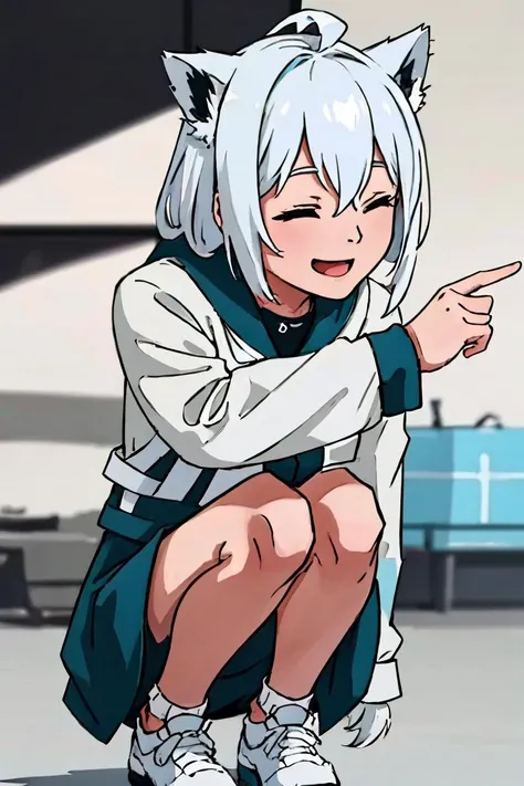 Highly detailed, High Quality, masterpiece, shirakami fubuki, <lora:finger_point_at_others:0.9> smile, squatting, <lora:CHAR-ShirakamiFubuki_v.1.0:1>, white hair