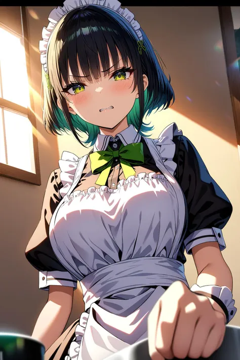 anime girl in maid outfit holding a knife in a kitchen