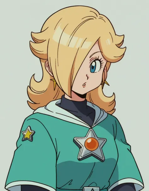 a close up of a woman with blonde hair and a star on her chest