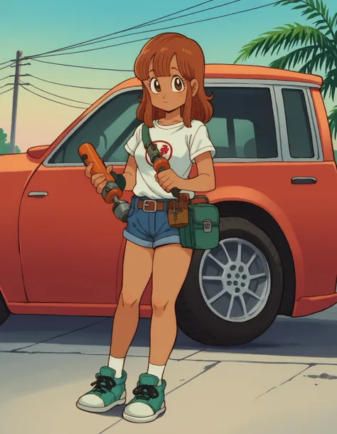 anime girl with a wren and a tool belt standing in front of a car