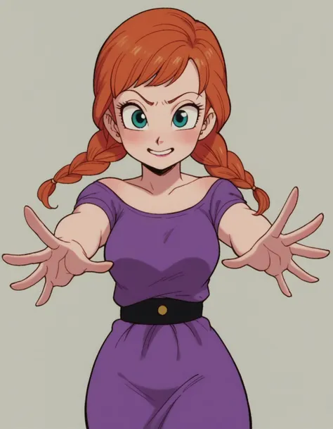 a cartoon of a woman in a purple dress with her hands out