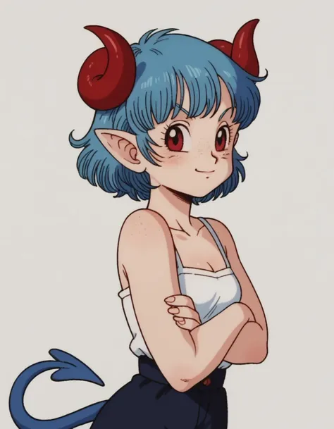 anime girl with blue hair and horns standing with arms crossed