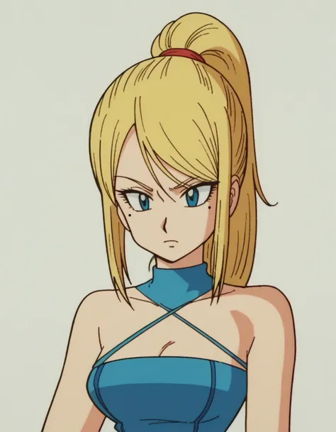 a woman in a blue dress with a ponytail and a ponytail