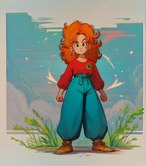 a cartoon picture of a woman with red hair and blue pants