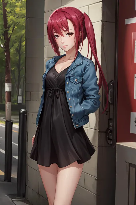 (masterpiece, best quality:1.2), highres, 4k, 8k, 1girl, solo, seductive smile, 
Kirika_Hosho_V1, red hair, long hair, side ponytail, hair between eyes, bangs, brown eyes, collarbone, 
black dress, short dress, blue jacket, denim jacket, cropped jacket, op...