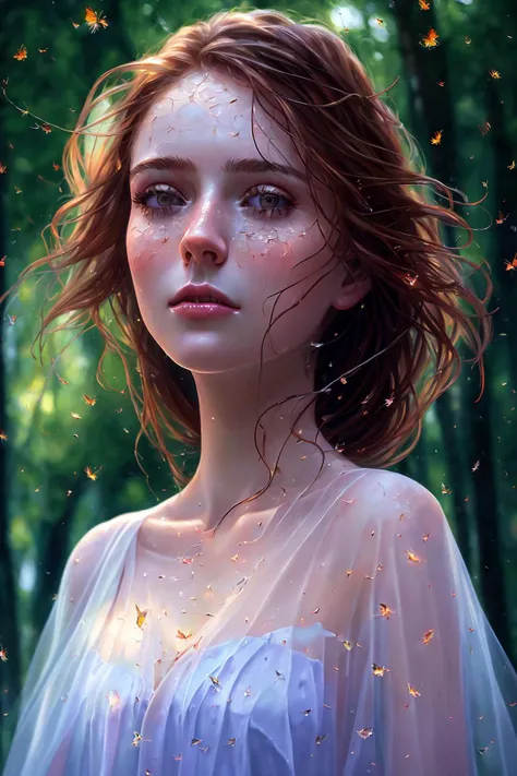 (extremely detailed CG unity 8k wallpaper), a beautiful young woman in the rain among branches and fireflies, sundress, Style-Autumn, (Style-Glass), (((surrealism))), full_body_shot, dramatic, backlit, light rays, volumetric lighting, detailed face, highly...