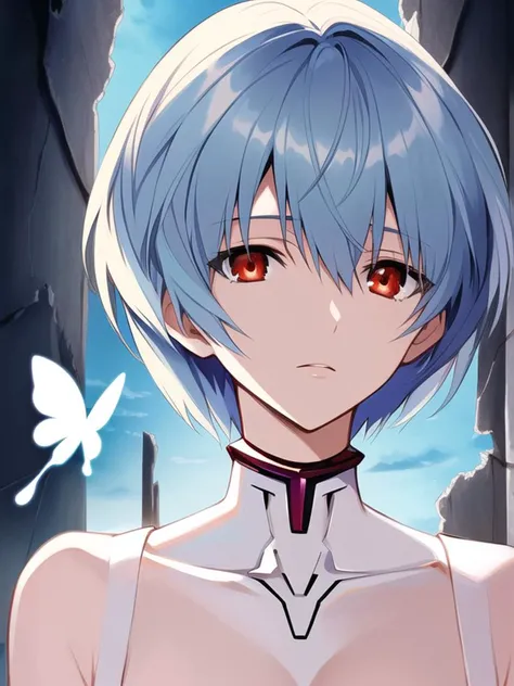 portrait, masterpiece portrait of Rei Ayanami (evangelion), evangelion (Hideaki), high resolution illustration, red eyes, feminine, no pupils, blue hair,  short hair, desolation, ruins, butterfly