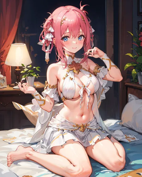 anime girl with pink hair sitting on bed with flowers in her hair