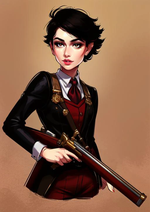 a woman in a suit holding a rifle and a rifle