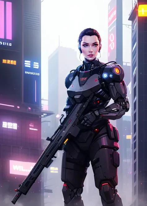 a woman in a futuristic suit holding a gun in a city