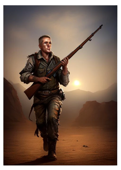 a man in a military outfit holding a rifle in the desert