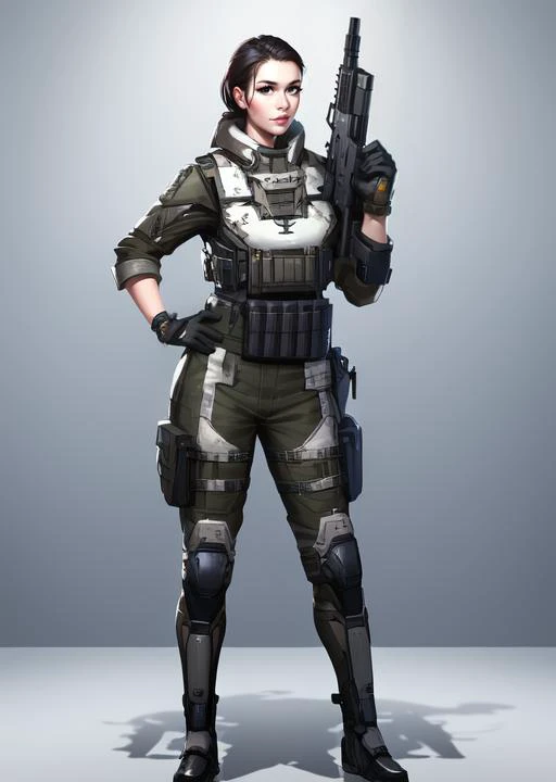 a woman in a military outfit holding a gun