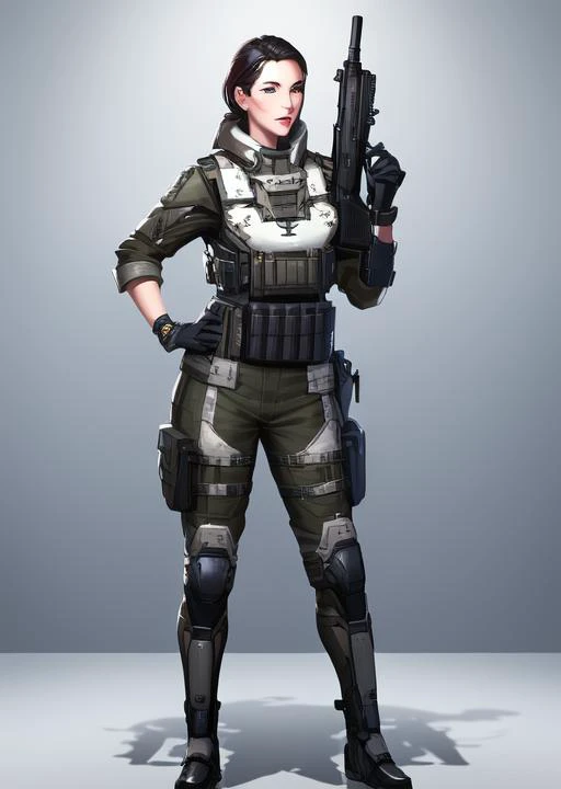 a woman in a military outfit holding a gun