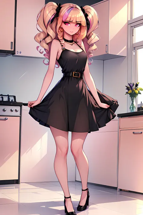 anime girl in a black dress standing in a kitchen