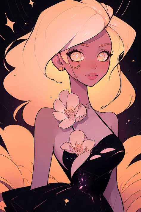 a cartoon girl with blonde hair and a black dress holding a flower