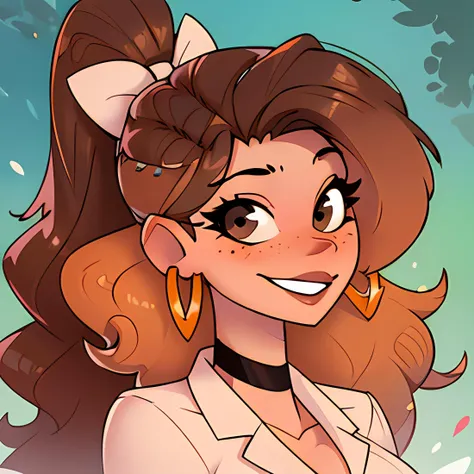 a close up of a cartoon girl with a ponytail and a bow