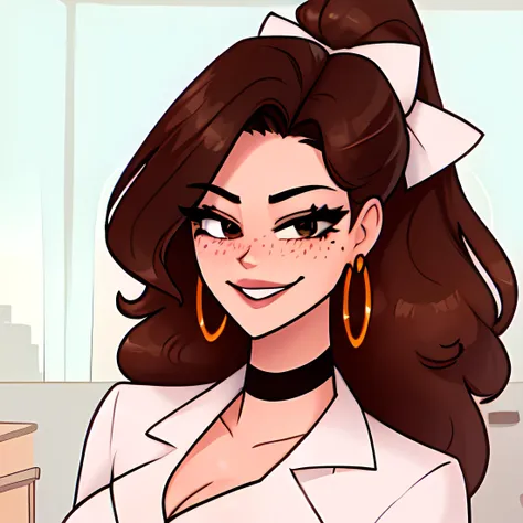 cartoon of a woman with a bow and a white shirt