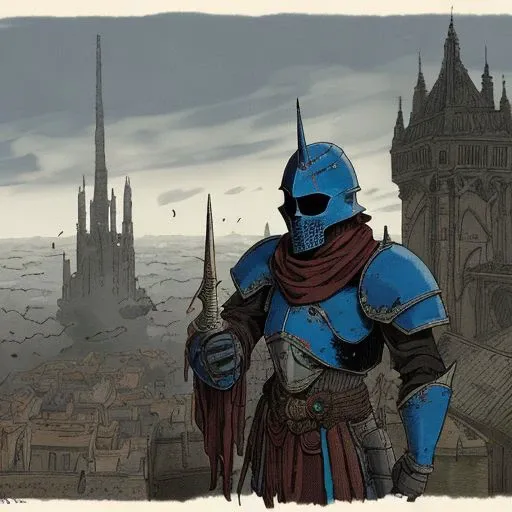 arafed knight in blue armor standing in front of a city