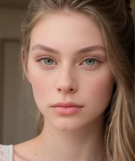 a woman with long hair and a white top is looking at the camera