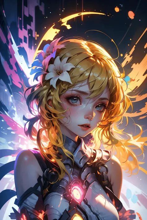 <lora:lumine:0.9> (blonde hair:1.4), 1girl, hair ornament, yellow eyes, bangs, flower, hair flower, breasts, blush, bare shoulders <lora:wrenchsmechs:0.8> wrenchsmechs, glowing, mecha, halo, mechanical wings, long hair, (wings:1.2),(close portrait:1.3),the...